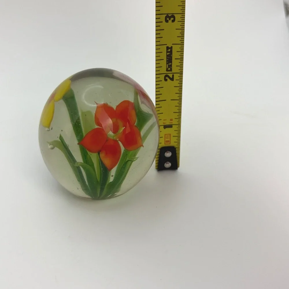 Floral Art Glass Paperweight Pink Yellow Flowers Clear Glass Orb